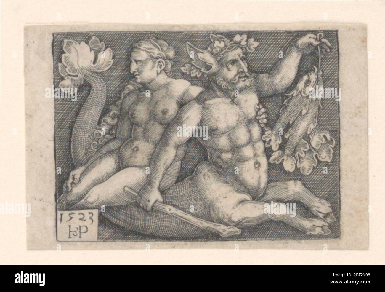 Un Triton e una Ninfa. Una figura di un Triton che porta una ninfa sulla schiena. Affronta a destra e tiene due pesci nella sua mano sinistra; un randello nella sua mano destra. La ninfa è vista nel profilo, rivolto verso sinistra. In basso a sinistra, in una tavoletta, il monogramma dell'artista e la data 1523. Foto Stock