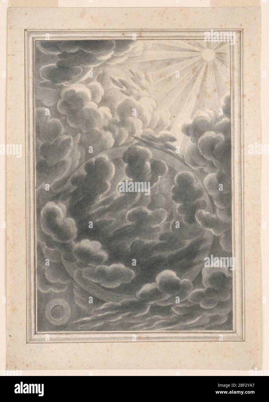 Studio per la creazione della lastra di luce 3 fisica Sacra. Scena che raffigura la creazione della luce, con un sole con raggi estesi che splendono dall'angolo in alto a destra. La luce del sole sta spezzando la moltitudine di nuvole grigie, che appaiono di fronte ad una grande struttura circolare, che forse rappresenta la terra. Foto Stock