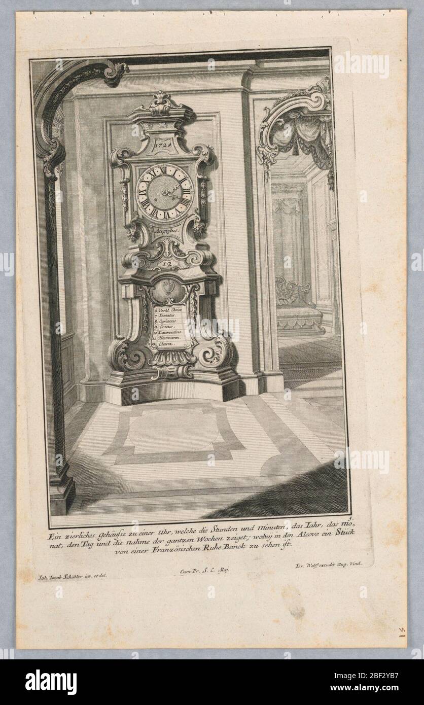 Funffte Ausgab seiner vorhabenden werckesUnterschiedliche Neu Inventirte Verkleiden Zu modernen und Astonmischen PerpendiculiUhren. Piastra 3. Design per un grande orologio a cassa indipendente che presenta un modello globulare delle costellazioni del cielo notturno. Iscrizione in cima all'orologio: '1724 Iunius 21' e 'coelli enar rant gloriam dei' Foto Stock