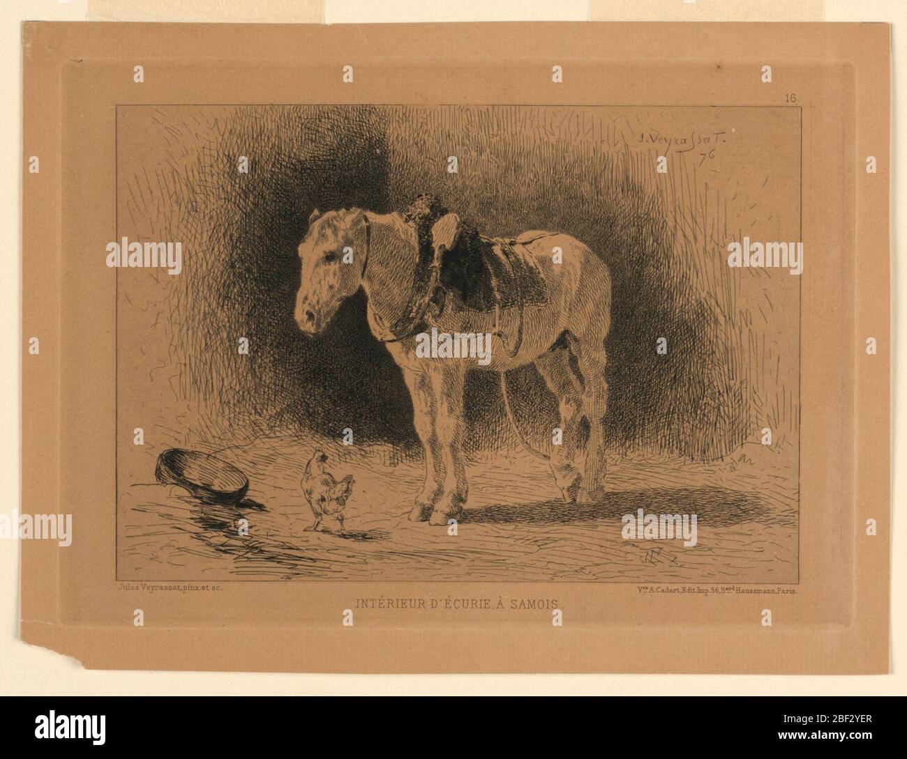 Interieur dEcurie Samois. Un cavallo bianco da lavoro, ancora in finimento, si trova di fronte a sinistra, all'interno di una stalla; un pollo e un contenitore davanti a lui. Sopra, a destra, il nome e la data dell'artista e il numero di targa (16). Di seguito, i nomi e le posizioni dell'artista e dell'editore e il titolo. Foto Stock