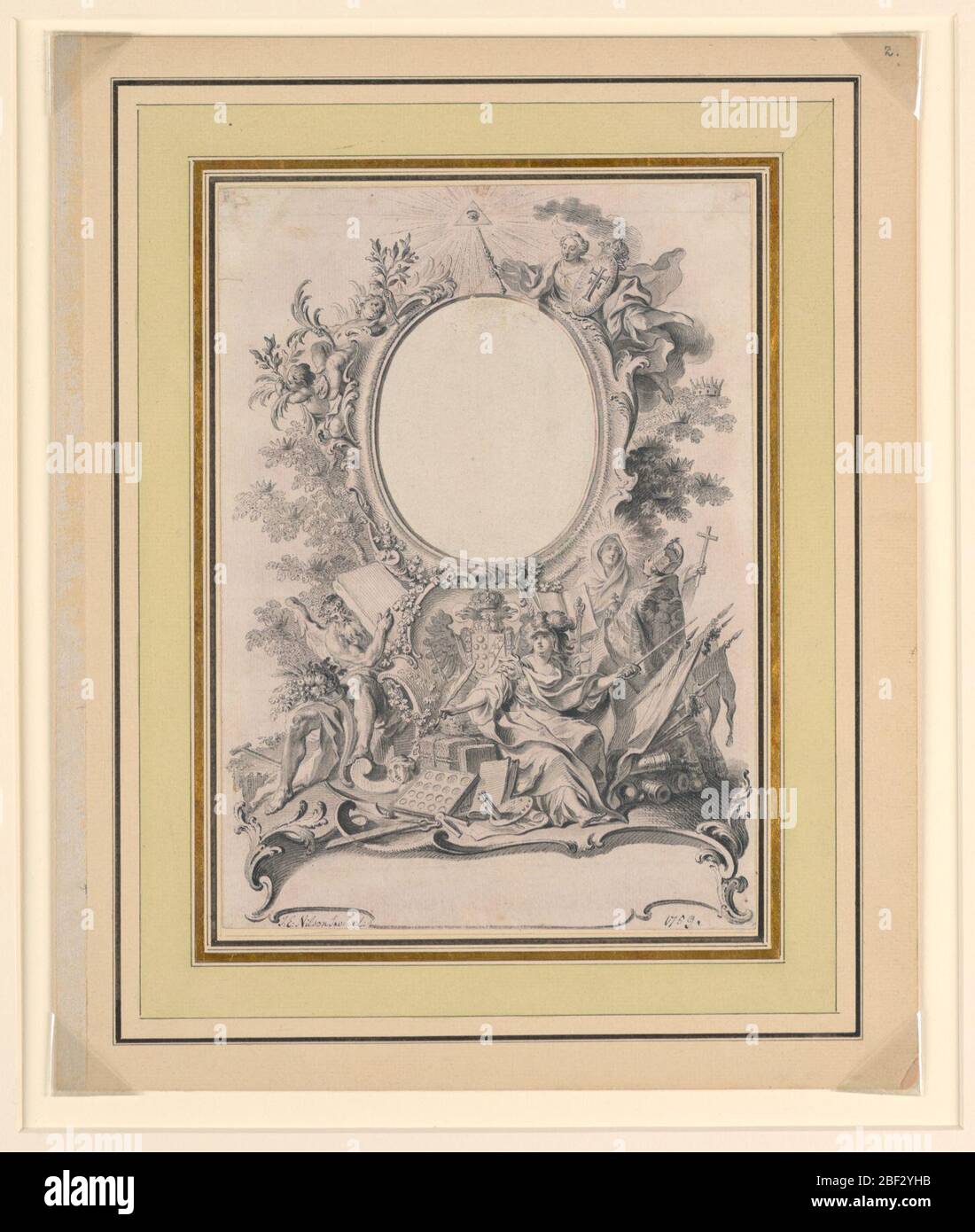 Disegno per la cornice del Ritratto di Carlo III Re di Spagna. Disegno per un cartouche con vari elementi rocaille e figure allegoriche circostanti. Foto Stock
