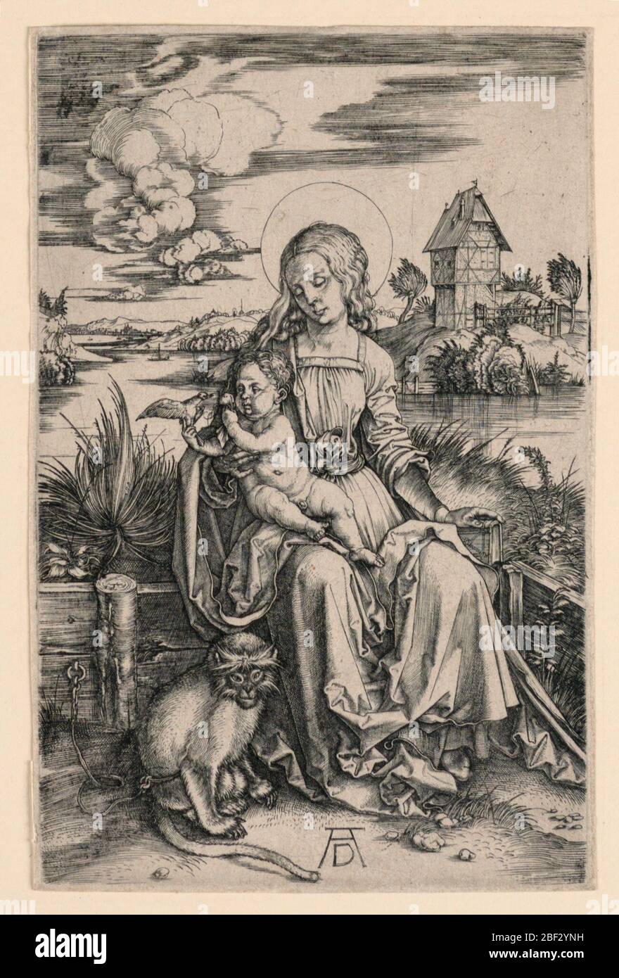 La Vergine con la scimmia. Vergine che tiene il bambino sul suo grembo che tiene un uccello. Sulla sinistra si trova una scimmia seduta. Foto Stock