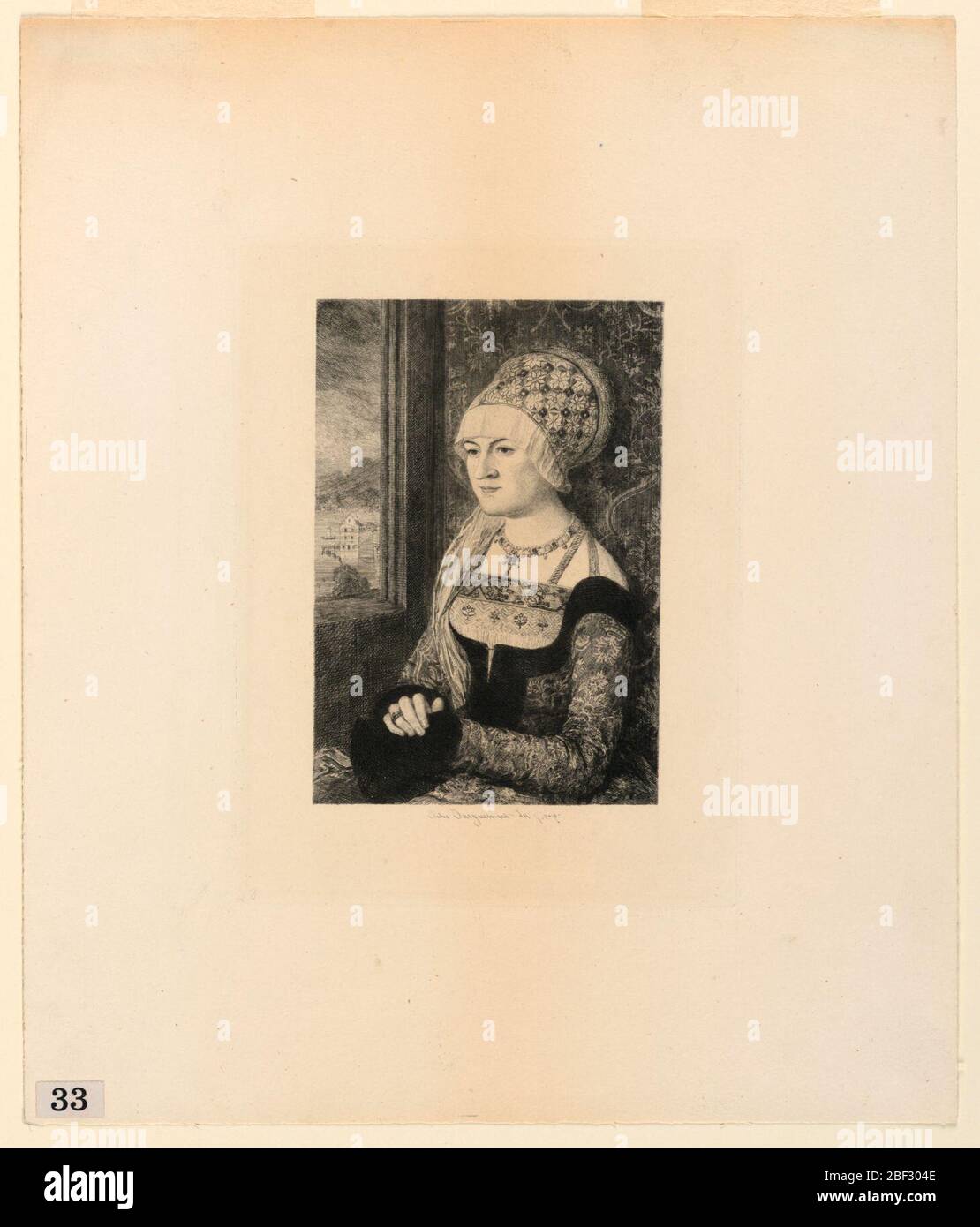 Ritratto di una giovane donna da Etchings of Pictures al Metropolitan Museum di New York. In tre quarti di profilo girato a sinistra, accanto a una finestra. Foto Stock