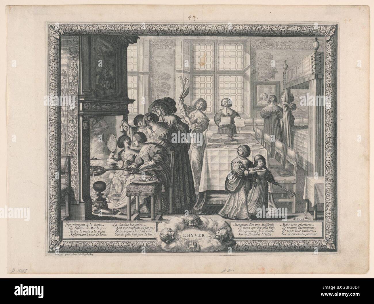 Inverno dalla Serie le quattro stagioni. Scena dell'interno di una casa. A sinistra un gruppo di donne sta facendo frittelle su un fuoco aperto. Al centro è in corso l'impostazione di un tavolo. A destra oltre una cornice di letto, una donna sta davanti ad uno specchio. Immagine racchiusa in una cornice incisa Foto Stock