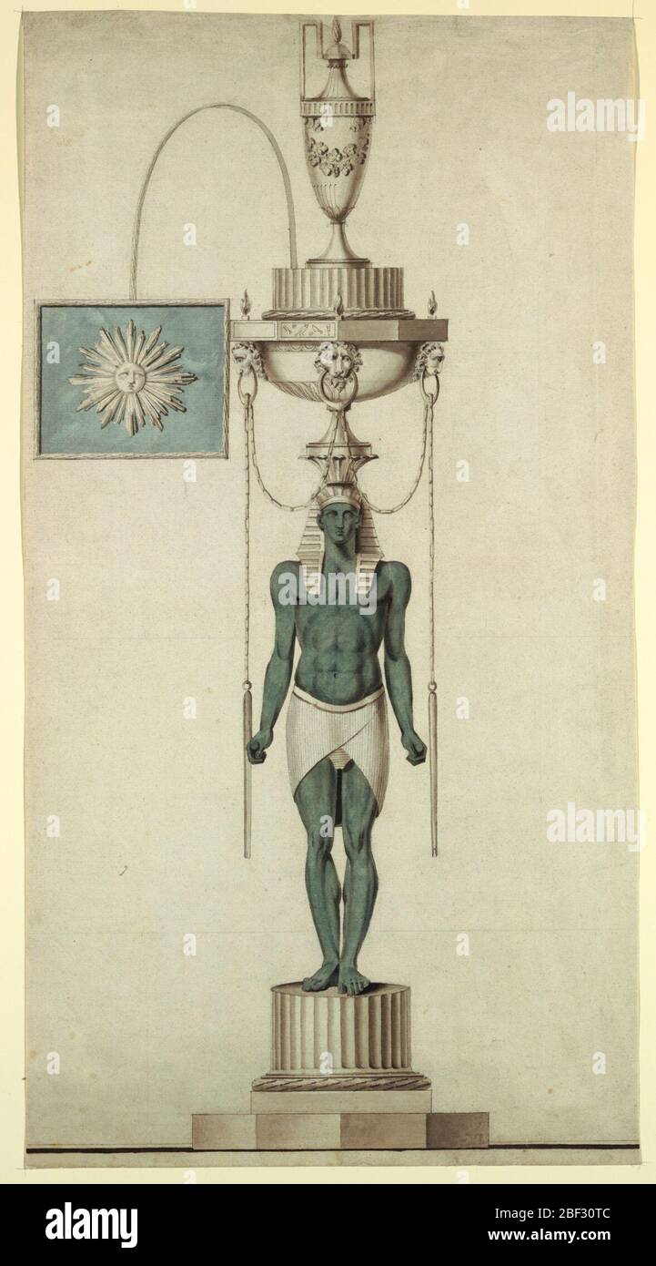 Progettazione di una lampada a olio. Rettangolo verticale. Progettazione di una lampada a combustione di olio con suggerimenti alternativi. Una giovane figura egiziana maschile si erge su un pezzo corto di una colonna scanalata. Porta sulla testa una ciotola, contenente l'olio. Foto Stock