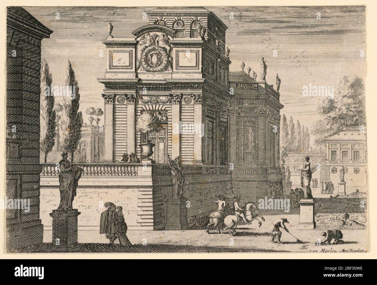 Un parco di un castello. Vista angolare su una terrazza parco con casinò, centro. Due lavori di lavoro sulla strada inferiore prima di un pascolo giardino, in primo piano a destra. Due piloti sono vicini a loro. Indirizzo, in basso a destra: Van Merlen avec Priulege Foto Stock