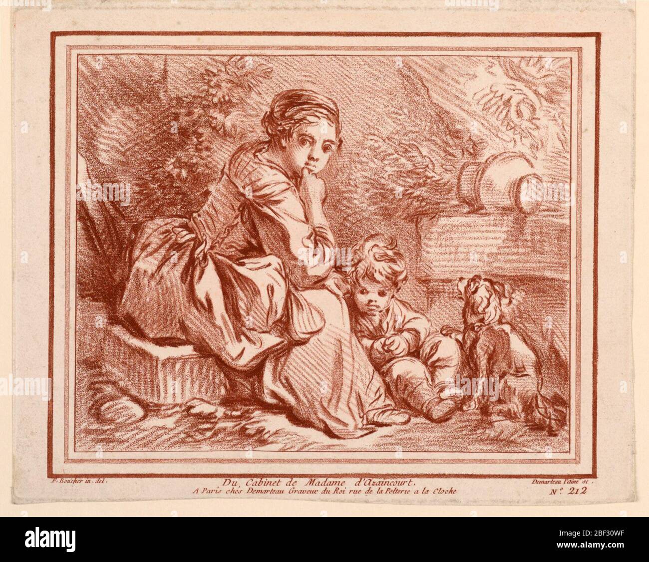 Du Cabinet de Madame dAzaincourt. Una ragazza, un ragazzo e un cane seduto tra le rovine. Dopo un disegno. Foto Stock