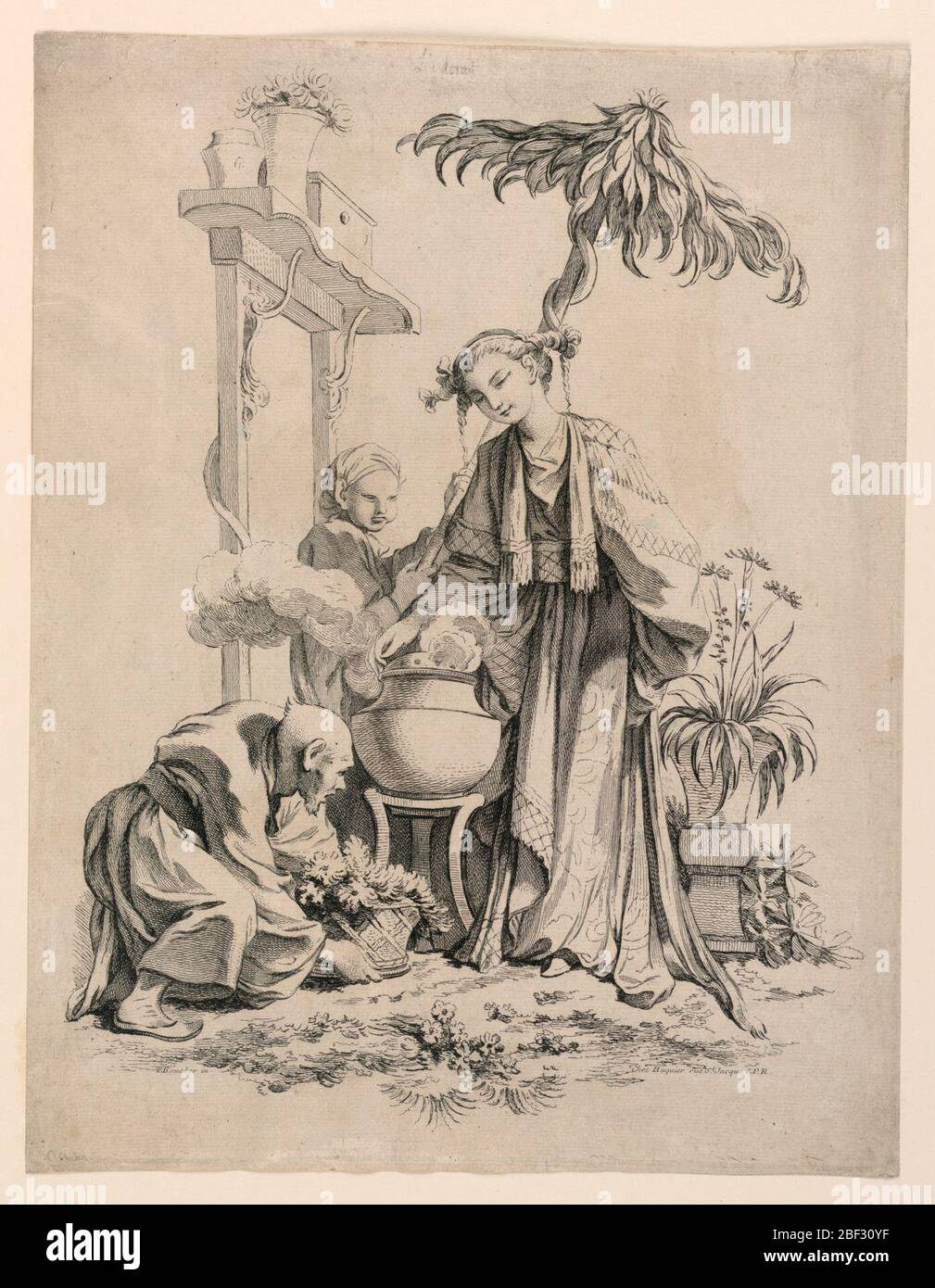 Lodorat odore dalla serie Les Cinq sensi i cinque sensi. Scena allegorica che raffigura il senso dell'olfatto. Una donna ornately ha roteato si alza al centro, sopra una pentola con vapore o fumo che si splenola fuori. Due figure più piccole la circondano. Foto Stock