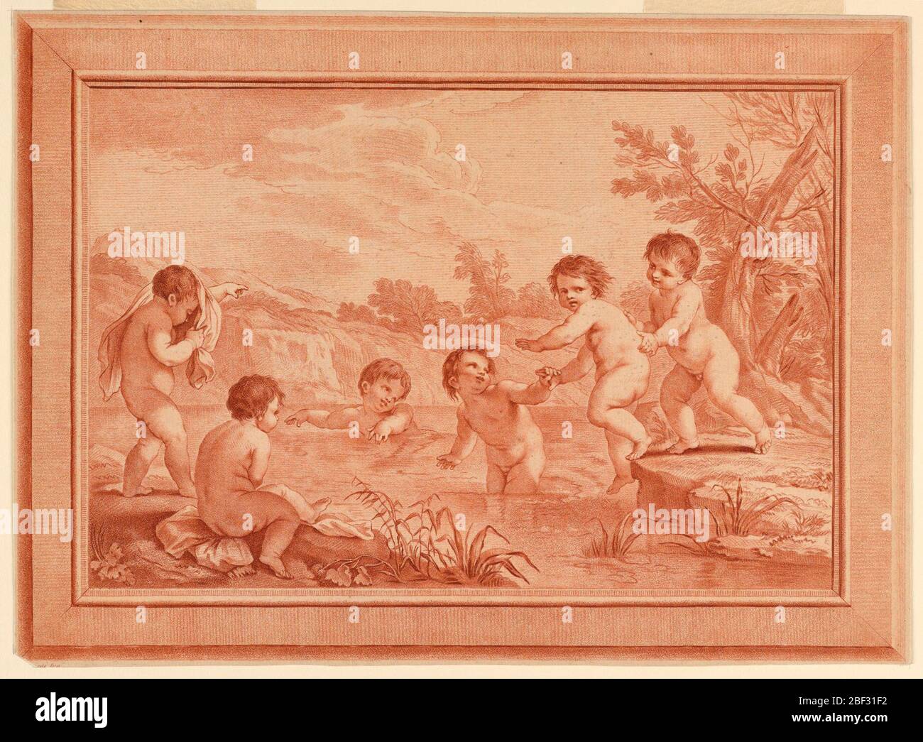 Ragazzi in gara. Sei ragazzi che giocano in streaming. Due sono nell'acqua, un terzo è tirato e spinto dentro. Ci sono altri tre sulle rive, uno con un panno sopra la testa e le spalle. Una cornice rettangolare incisa. Foto Stock