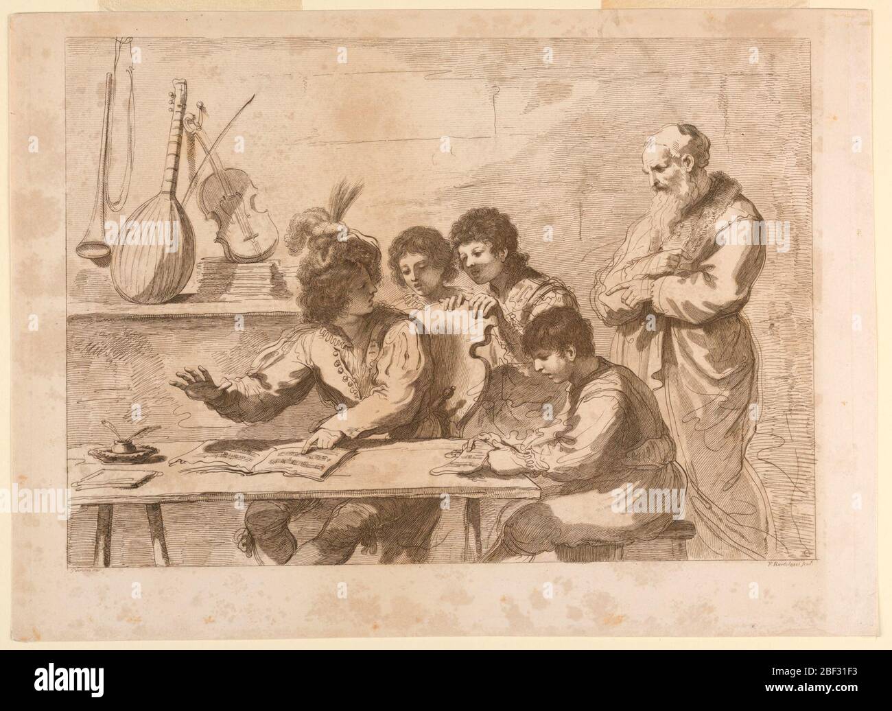 Un concerto di musica. Quattro ragazzi, raggruppati intorno ad un tavolo; due sono seduti con musica davanti a loro. Un vecchio, a destra, punta gli strumenti – mandolino, violino e uno strumento in ottone su una mensola fissata al muro. Foto Stock