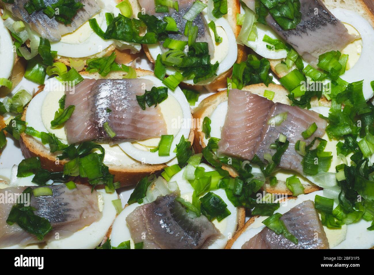 Panini con filetto di aringa. Cibo tradizionale. Antipasto con pesce Foto Stock