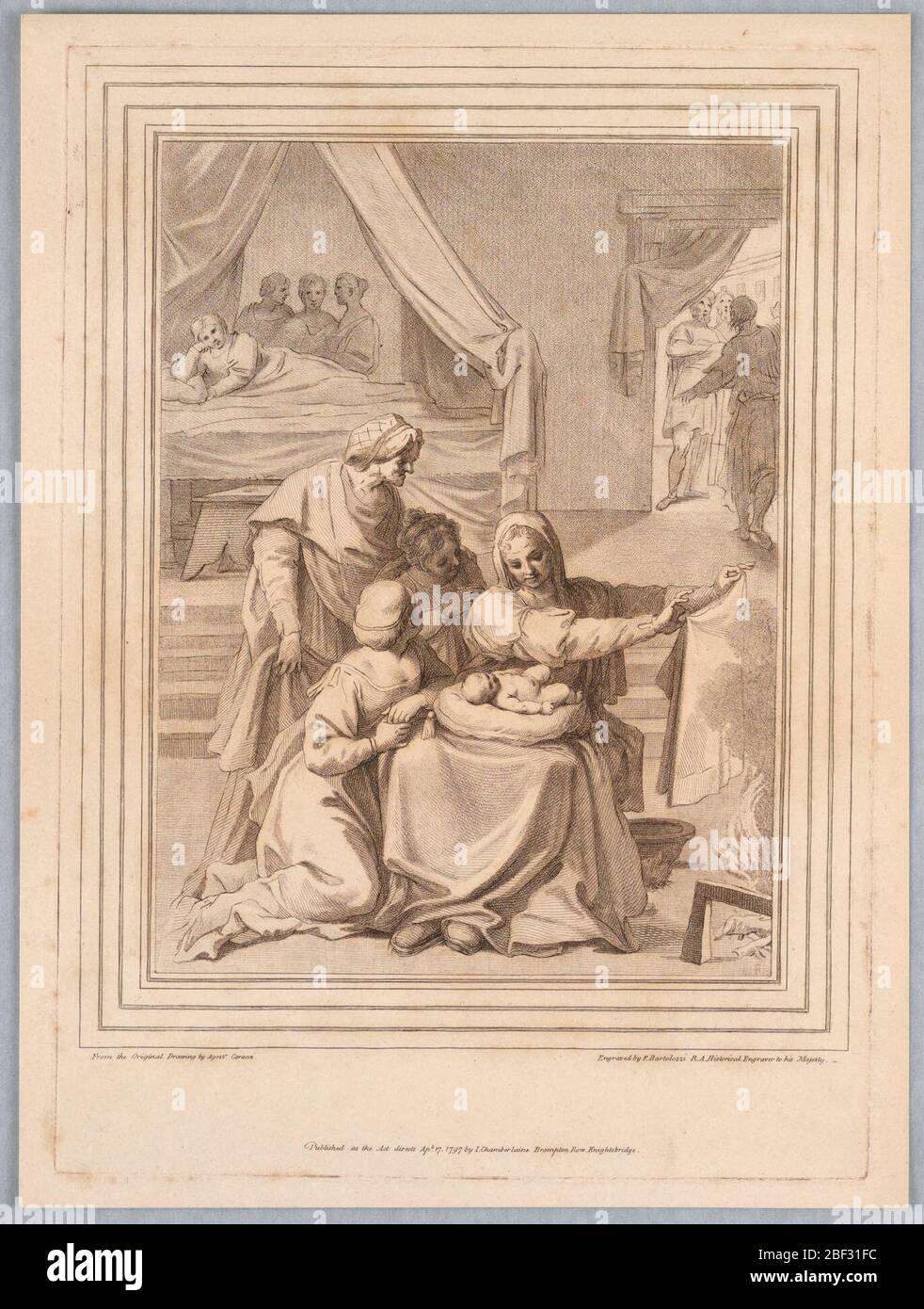 Nascita di Pirro. Pryyhus si trova su un cuscino in grembo di sua madre, mentre asciuga un panno vicino al fuoco, giusto. Tre donne guardano, a sinistra, mentre oltre, un'altra è sdraiata su un letto, tre figure dietro di lei. A destra, tre in un'altra porta. Foto Stock