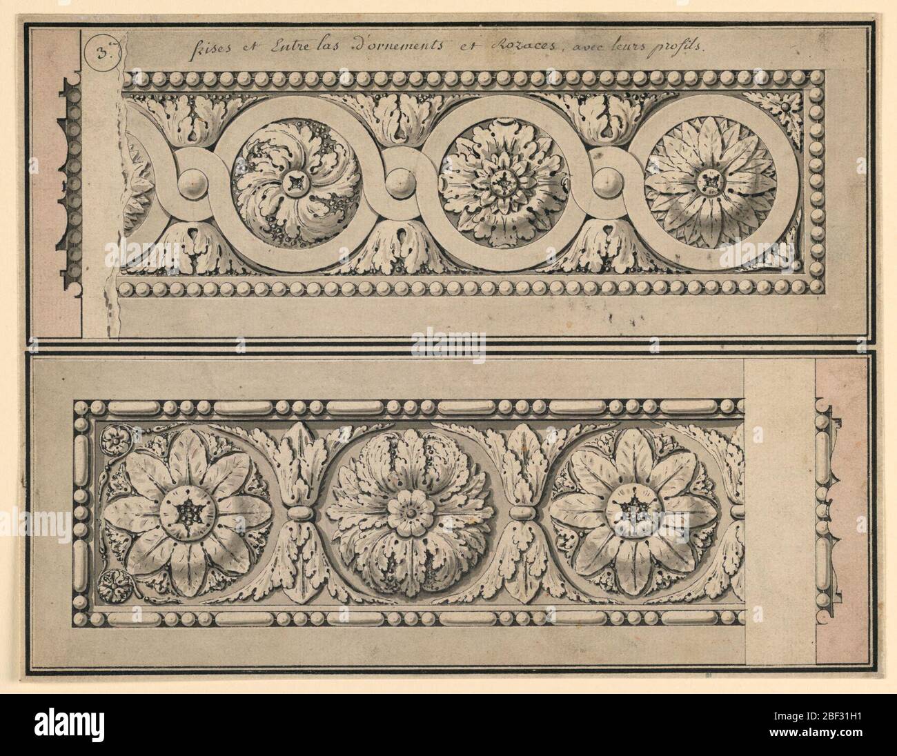 Design per due fregi. Il fregio superiore raffigura fasce intrecciate curve con rosette. Il fregio inferiore mostra rosette di disegno alternato. Foto Stock