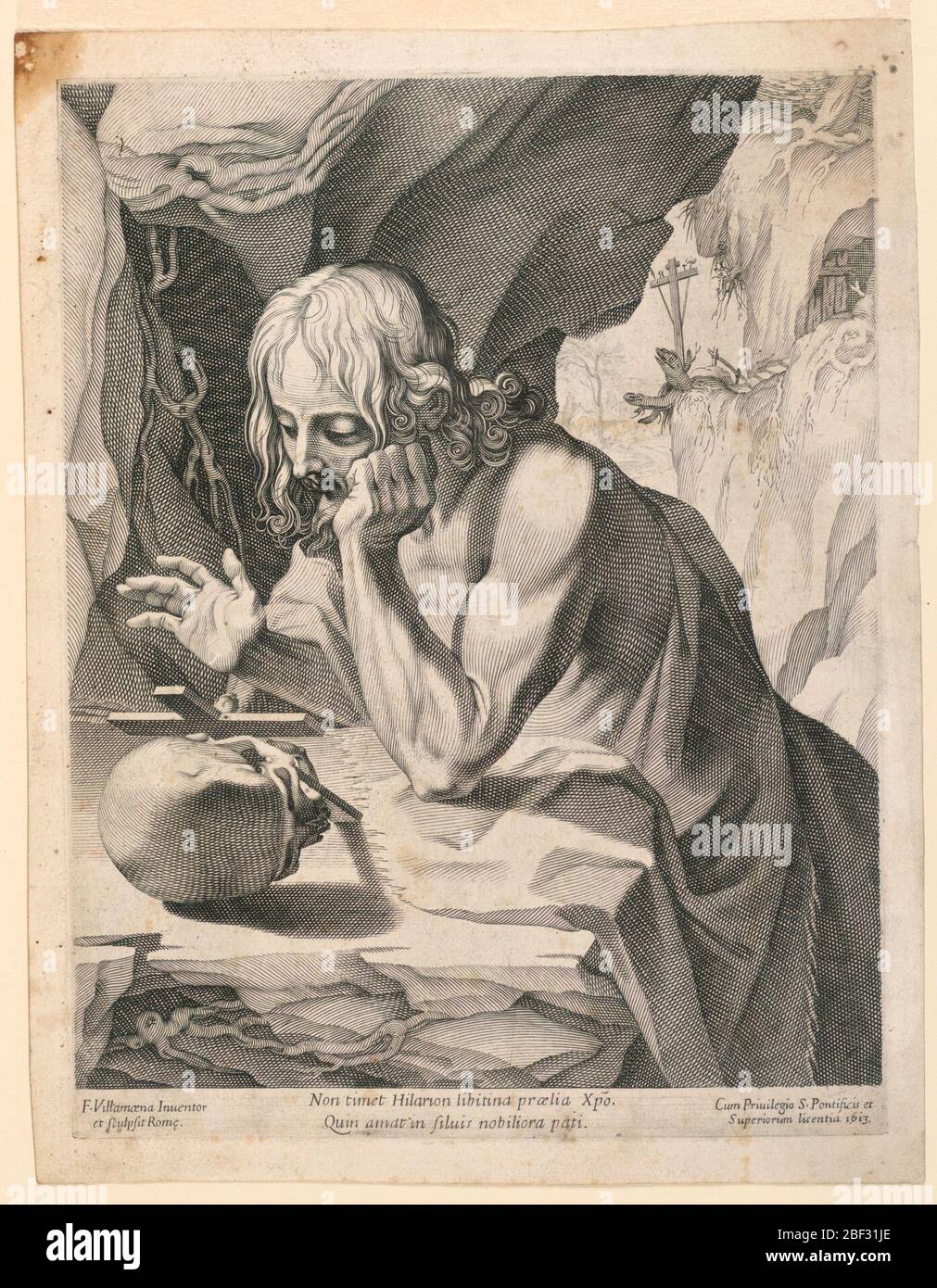 San Giovanni nella Wilderness Saint Hilarion. Figura di mezza lunghezza, girata a metà sinistra, appoggiata sui gomiti e abbellita una croce appoggiata su un cranio. Sotto, l'iscrizione latina a due righe, il nome e la data dell'artista. Foto Stock