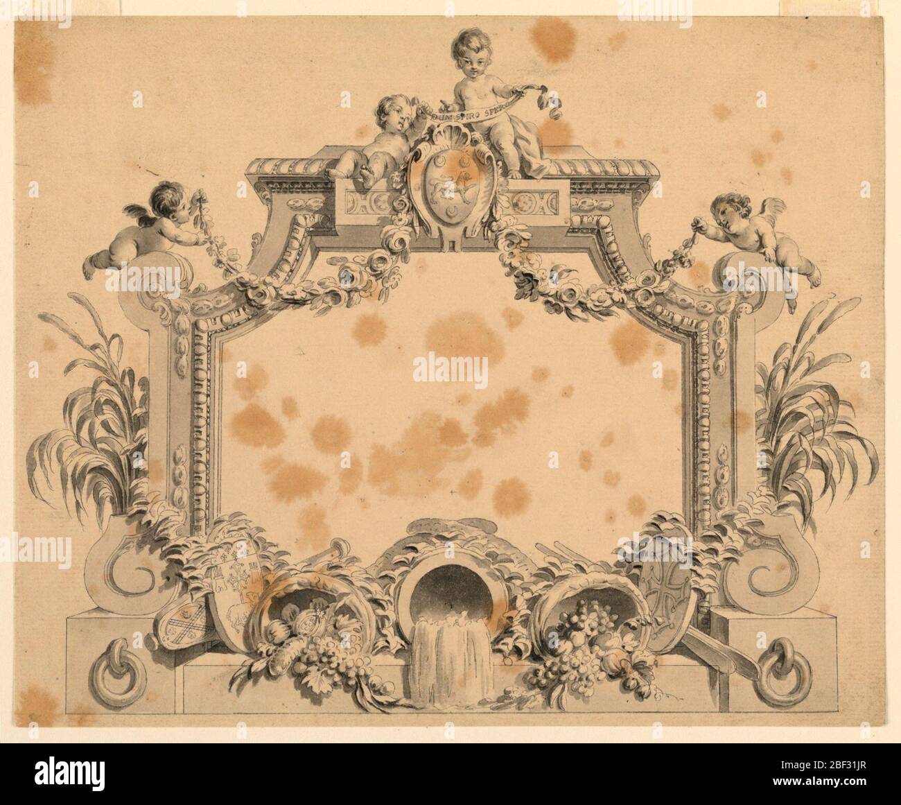 Progettare una pagina del titolo. Una cornice con angoli smussati e curvi decorata in alto con putti, uno che tiene un nastro inscritto 'Dum Spiro spero', sopra un escucheon che mostra un leone rampante e tre crescent. Ad entrambi i lati, i putti volanti tengono ghirlande di rosa. Foto Stock