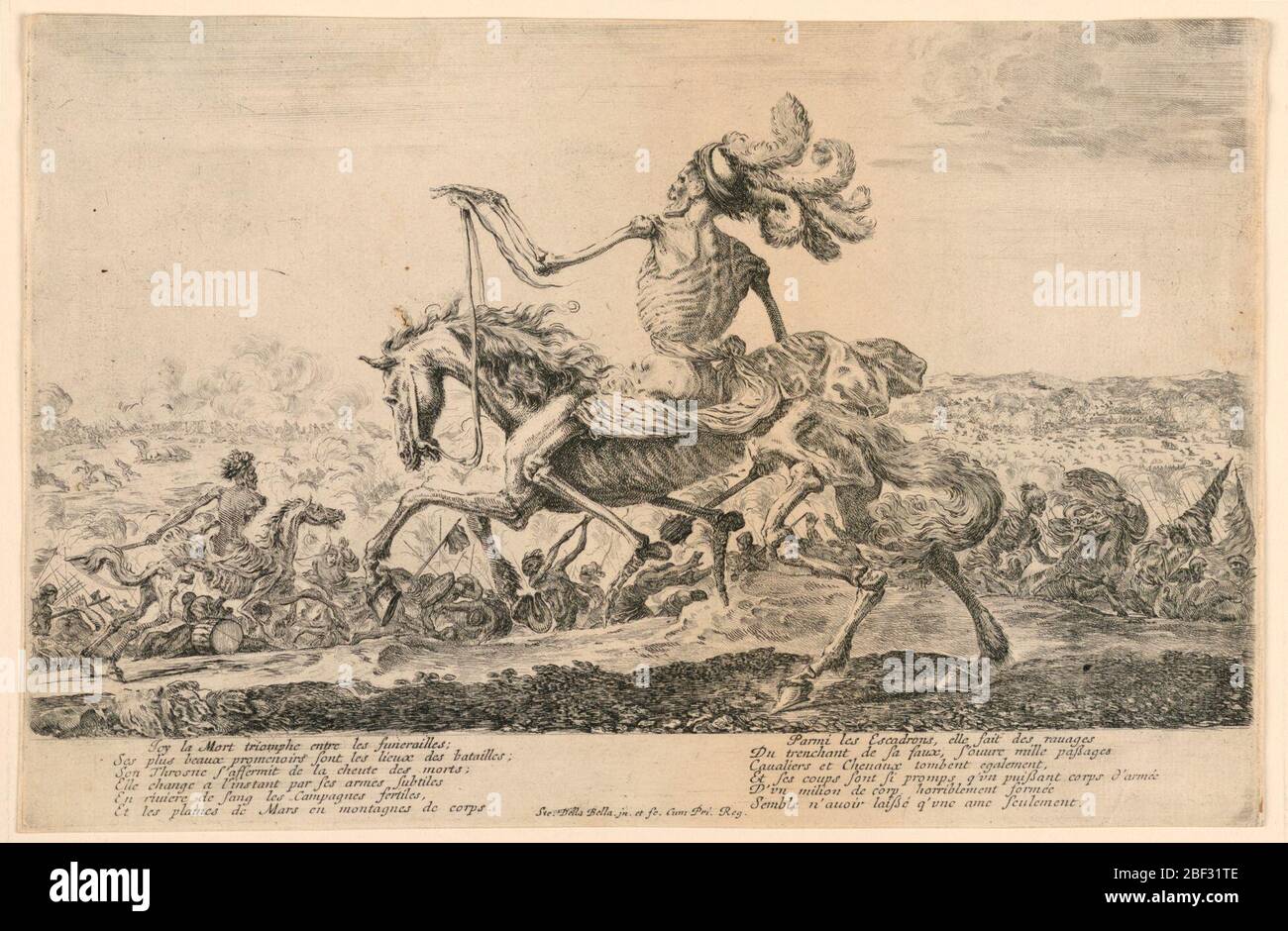 Morte durante una battaglia. Due morti a cavallo, altri a piedi in azione. Due volumi di viti nel margine inferiore. Foto Stock