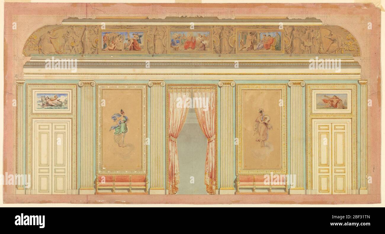 Design per un muro di ingresso a una sala da ballo o musica. Cinque baie con una porta aperta con tende al centro affiancate da pannelli incorniciati con ballerini su divani. Le porte di sopra mostrano Arion a sinistra e un maenad a destra. La decorazione della baia del soffitto si riferisce a Musica e Poesia. Foto Stock