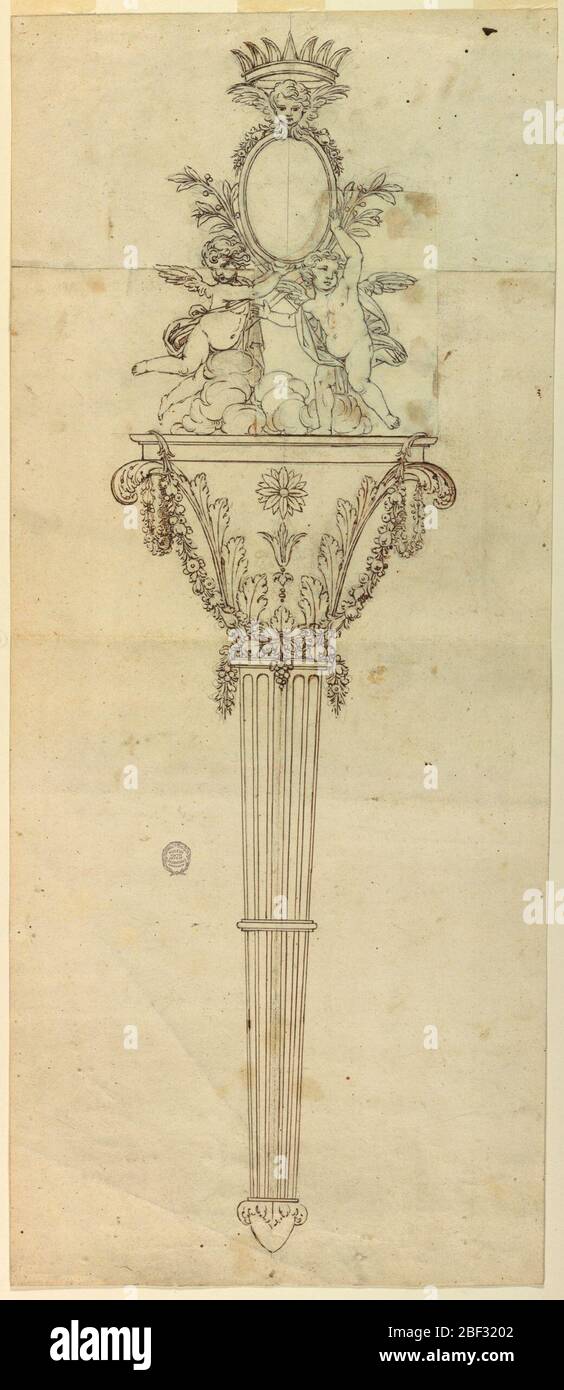 Progetto per un Mace. Manico scanalato con una capitale, circondato da ghirlande. Un angelo in esecuzione e un altro che vola sulle nuvole sostengono un medaglione ovoidale su boughs di alloro incrociati. Sormontato da un cherubino e corona. Foto Stock
