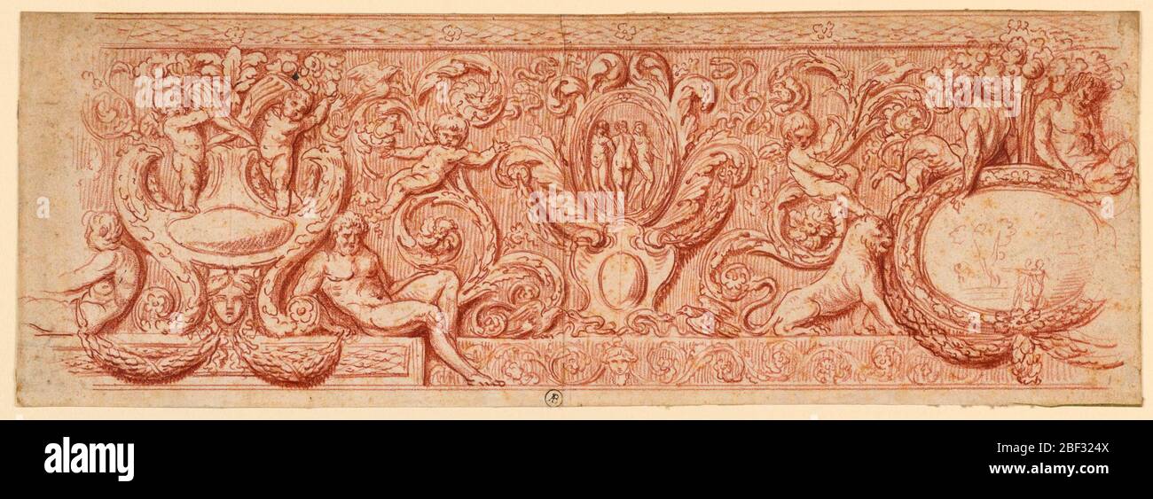 Disegno per un fregio dipinto. Al centro del fregio c'è un medaglione con le tre grazie. Ad entrambi i suoi lati i putti sono circondati da simboli di abbondanza e sedersi in cima medaglioni e calici. Foto Stock