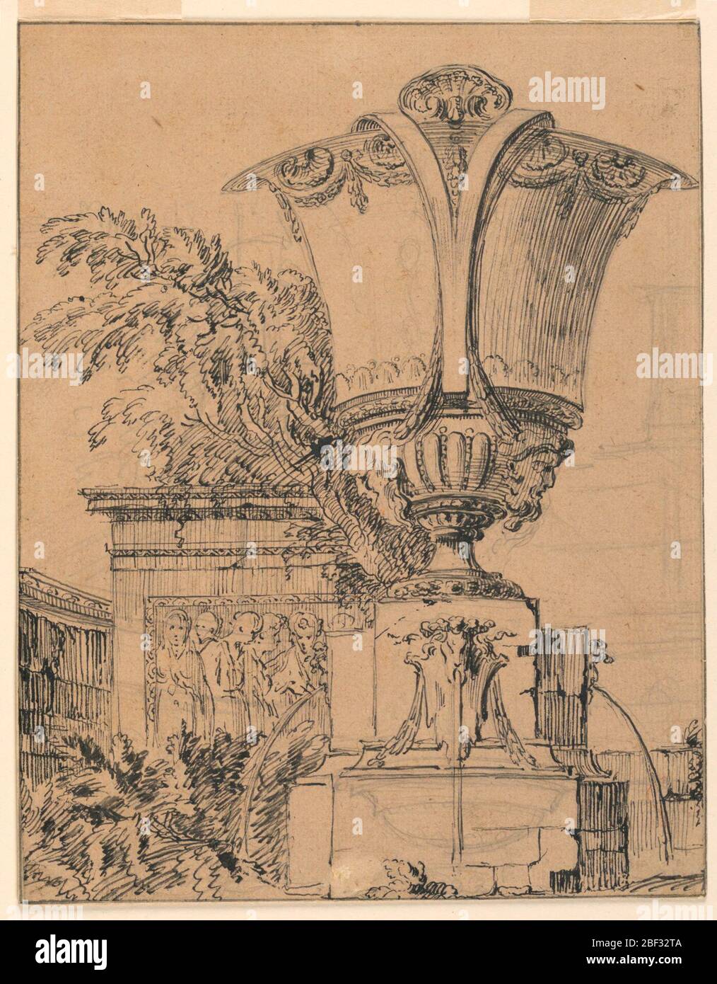 Design per una fontana in un parco. Un'ampia urna, con manici divisi, poggia su un zoccolo dal quale l'acqua proviene da maschere su tre lati. A sinistra, un albero e rilievo di un gruppo di figure in piedi. Foto Stock