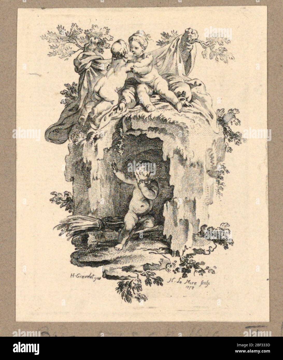 Cherubini intorno a una grotta. Due cherubini si abbracciano l'uno all'altro su una grotta, in hich un ragazzo è tenuto prigioniero. Foto Stock