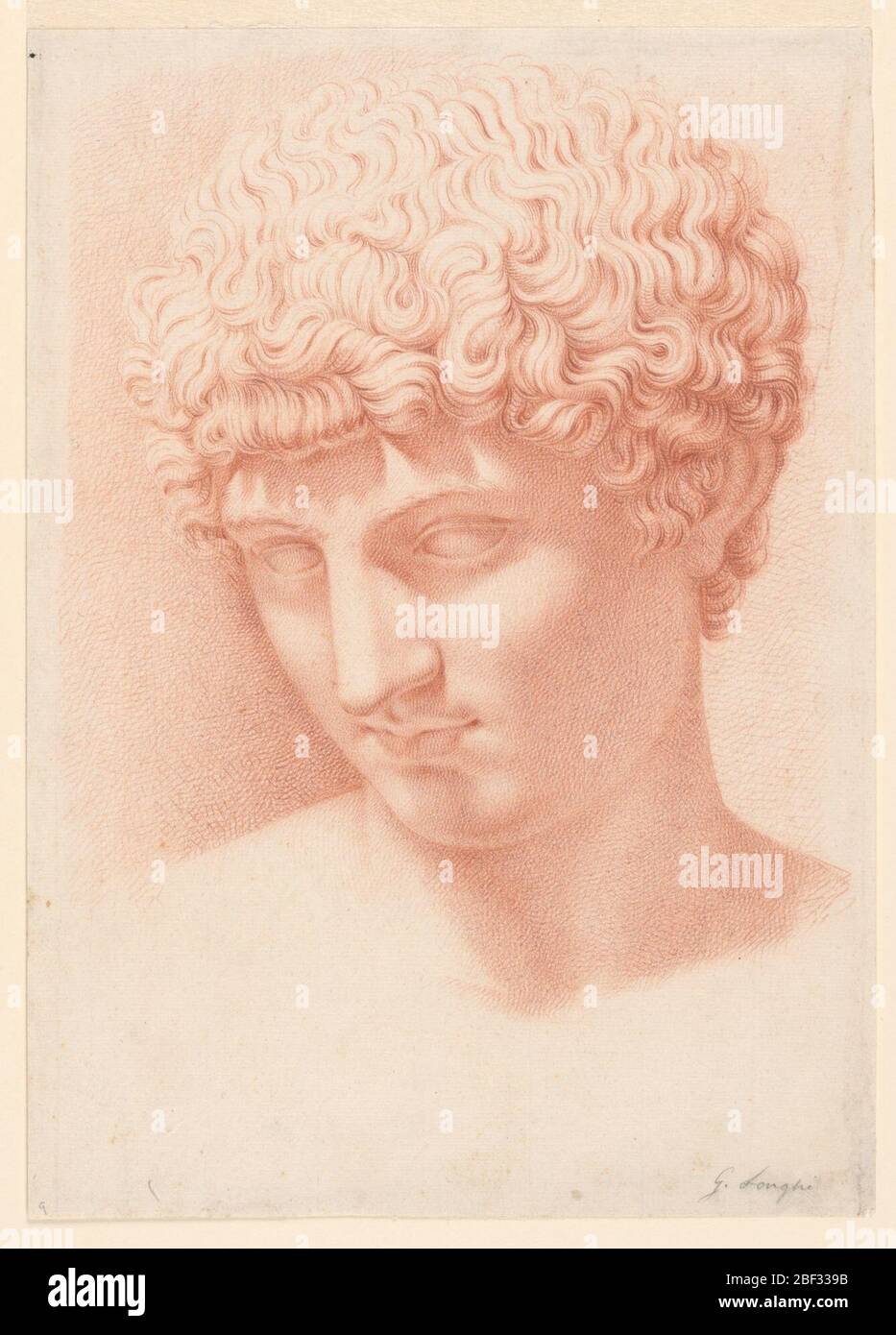 Capo di Apollo. Disegno della testa di Apollo, il dio greco e romano del sole, luce, musica, profezia, guarigione e poesia, da una statua classica. La sua testa, con capelli folti e ricci, è rivolta verso destra di un quarto e inclinata leggermente verso il basso. Foto Stock