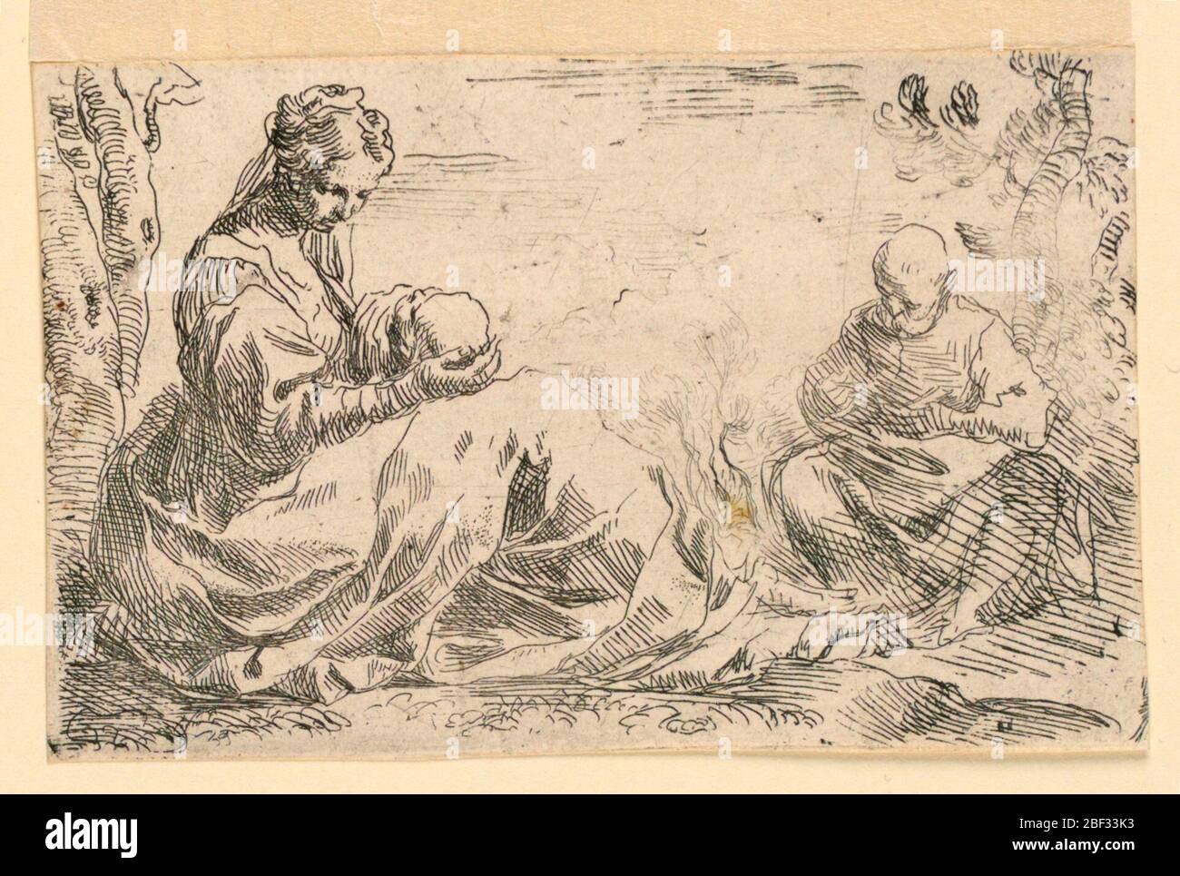 Riposati sul volo in Egitto. La Vergine è seduta, a sinistra, a destra, tenendo in grembo il bambino Cristo dormiente. San Giuseppe, seduto, a destra, legge da un libro. Foto Stock