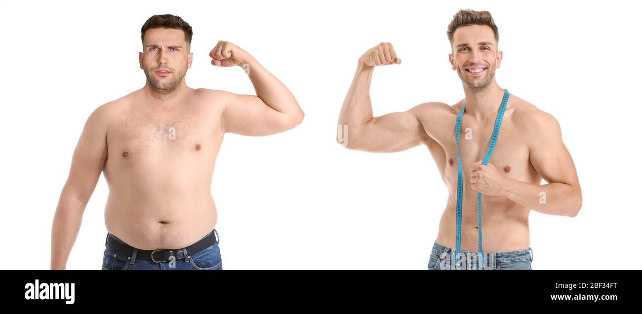 Giovane uomo prima e dopo perdita di peso su sfondo bianco Foto Stock