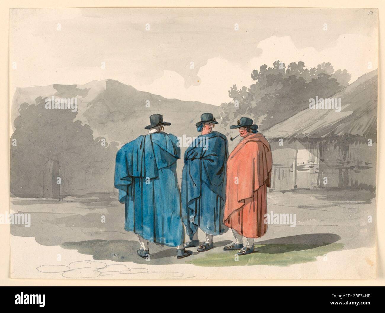 Un gruppo di tre contadini in un villaggio. Due si usurano di colore blu, il terzo di colore rosso. Foto Stock