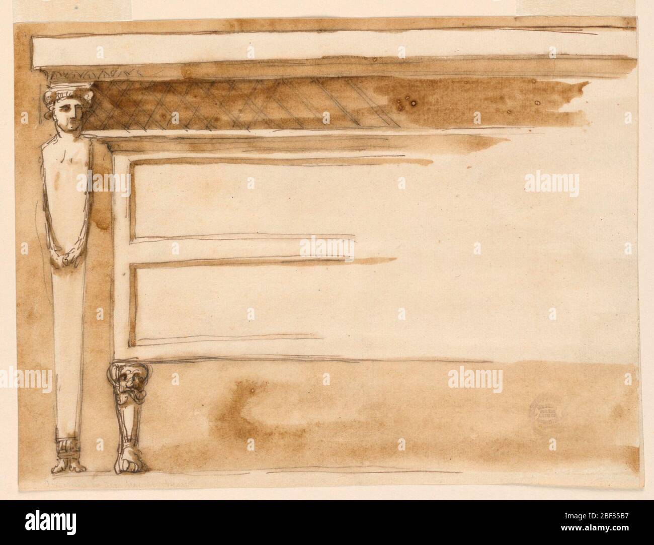 Tavolo da console e cassettiera. La metà sinistra che ho mostrato. Un terminale porta la parte superiore del tavolo. La cassettiera è sostenuta da un segno con un piede di leone. L'angolo della sua sommità si trova sulla spalla laterale del capolinea. I cassetti sono indicati con oblunghi formati. Foto Stock