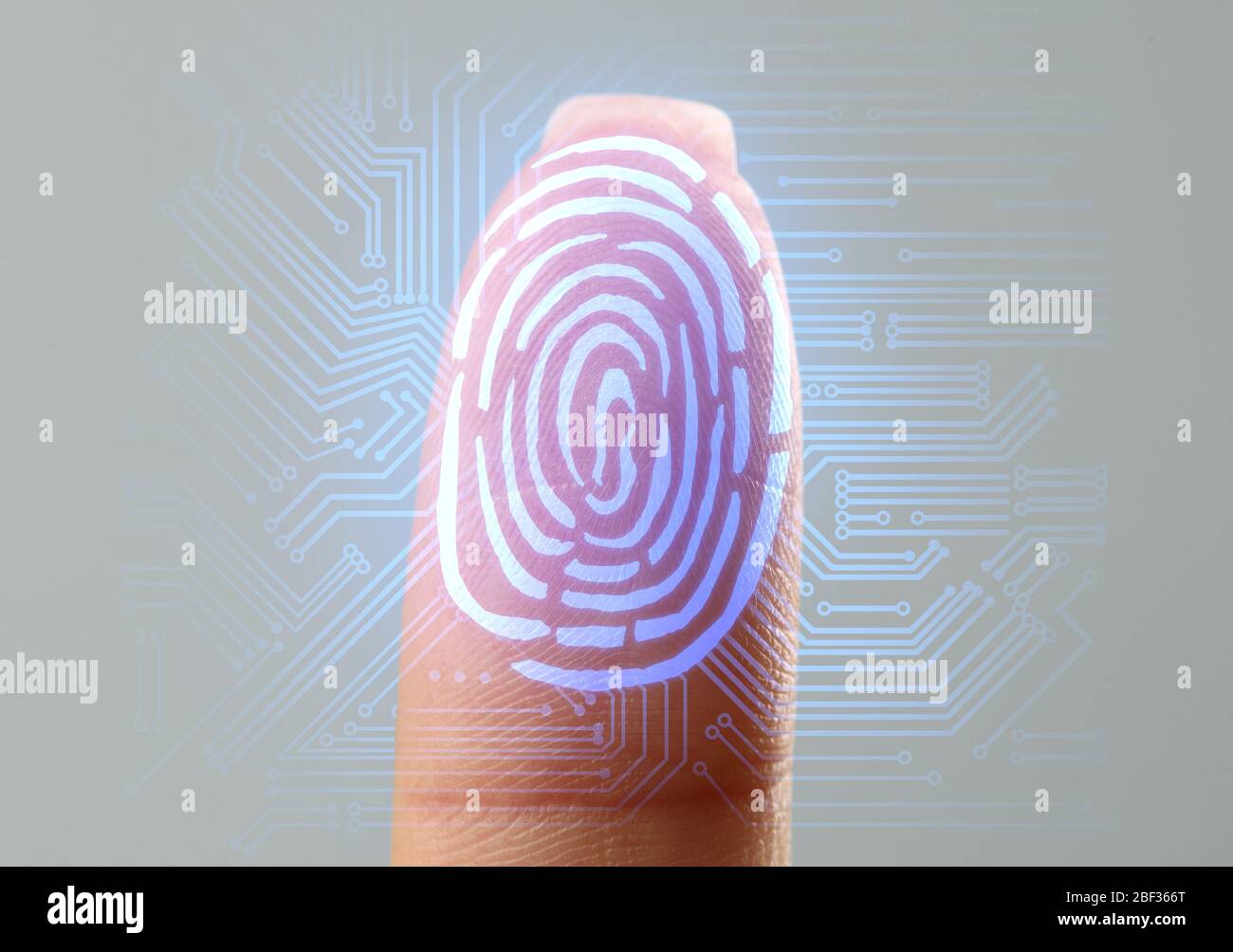 Donna che utilizza la protezione delle impronte digitali per l'accesso ai dati su sfondo grigio, primo piano Foto Stock