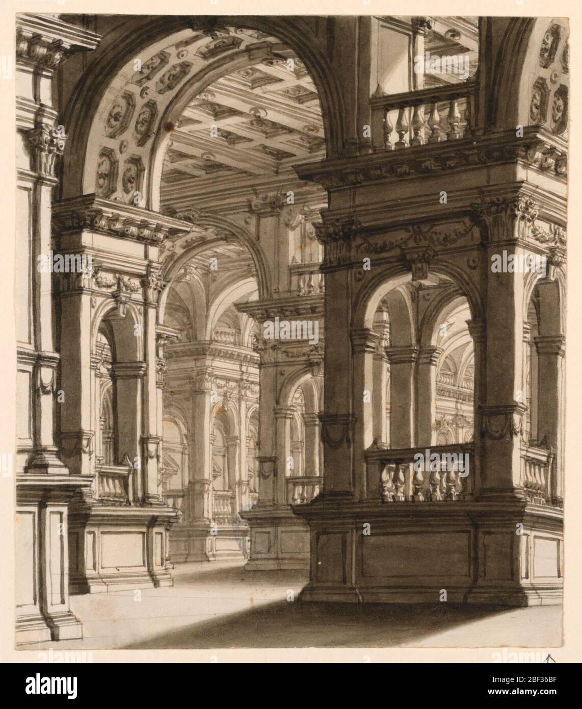 Scenografia interni del portico rinascimentale. Rettangolo verticale. Portico in stile rinascimentale con pilastri e archi, riccamente decorato. Foto Stock