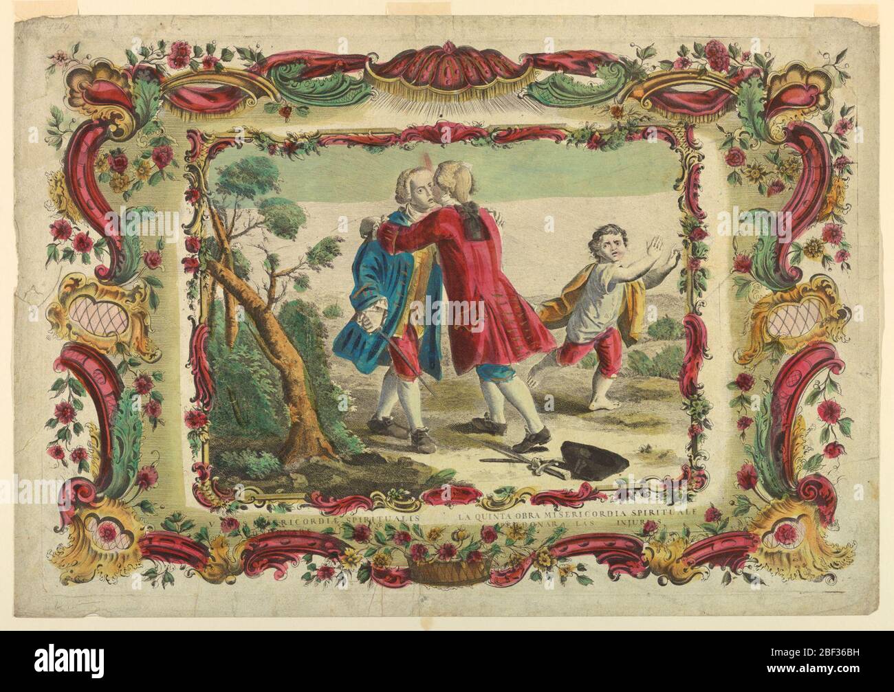 Perdono. Stampato da due piastre. Due duellanti abbracciano. La spada di quello a destra giace a terra. Un ragazzo fugge a destra. In un paesaggio aperto, con alcuni alberi a sinistra. Bordo stretto di motivi e fiori rocaille. In basso: "V.. Foto Stock