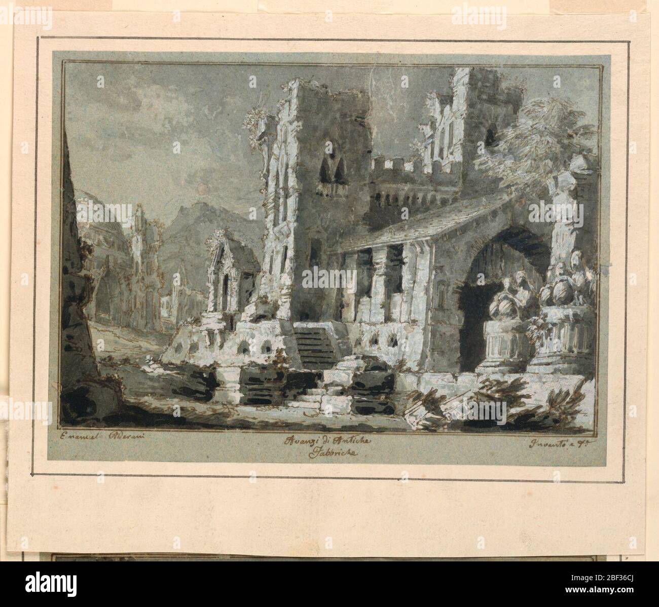 Scenografia rovine di edifici antichi design per gli Avventurieri di Carlo Valentini 17901853 prodotto al Teatro Pantera Lucca nel 1837. Rettangolo orizzontale. Rovine gotiche del castello in un paesaggio boscoso. Foto Stock