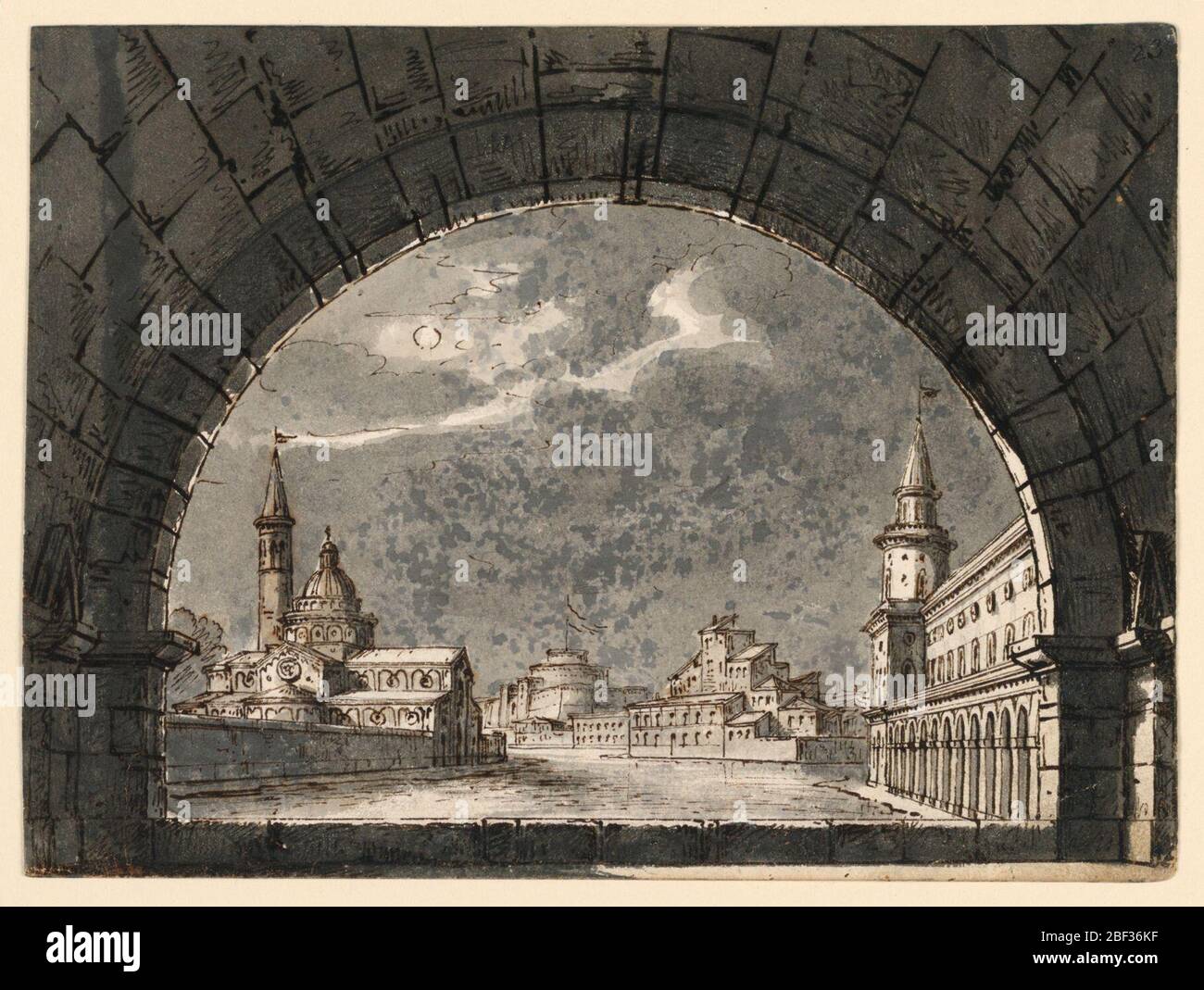 Scenografia per l'Opera la Straniera. Rettangolo orizzontale. Vista attraverso la finestra ad arco su gruppi di edifici sul bordo di un canale o di un fiume. Foto Stock