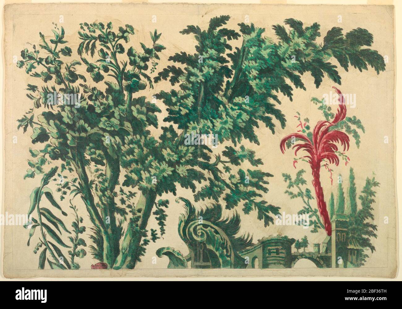 Parte superiore di un pannello ornamentale. In primo piano a sinistra è un albero i cui rami frondosi si estendono fino all'angolo superiore destro. Centro inferiore: Parte superiore di una cresta. Farhter parte posteriore di un castello con torri e un ponte. Alberi sullo sfondo. Linea di divisione in basso. Foto Stock