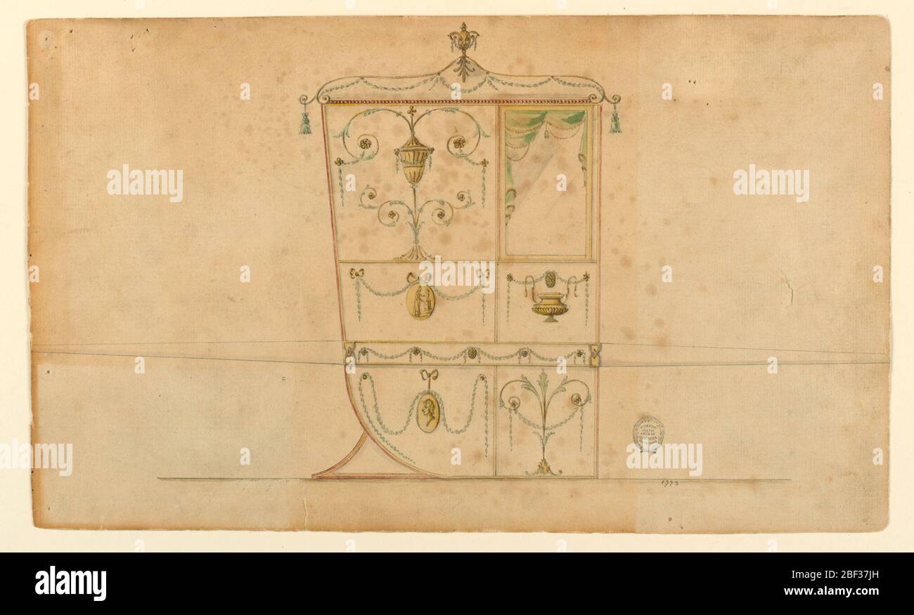 Design per una sedia berlina. Mostrato nel profilo rivolto verso destra. Diviso in due pannelli verticali. Quello di destra aveva sopra una finestra con una tenda. Il pannello accanto è decorato con un candelabro. Il pannello centrale è decorato con un medaglione e festoni sulla sinistra. Foto Stock