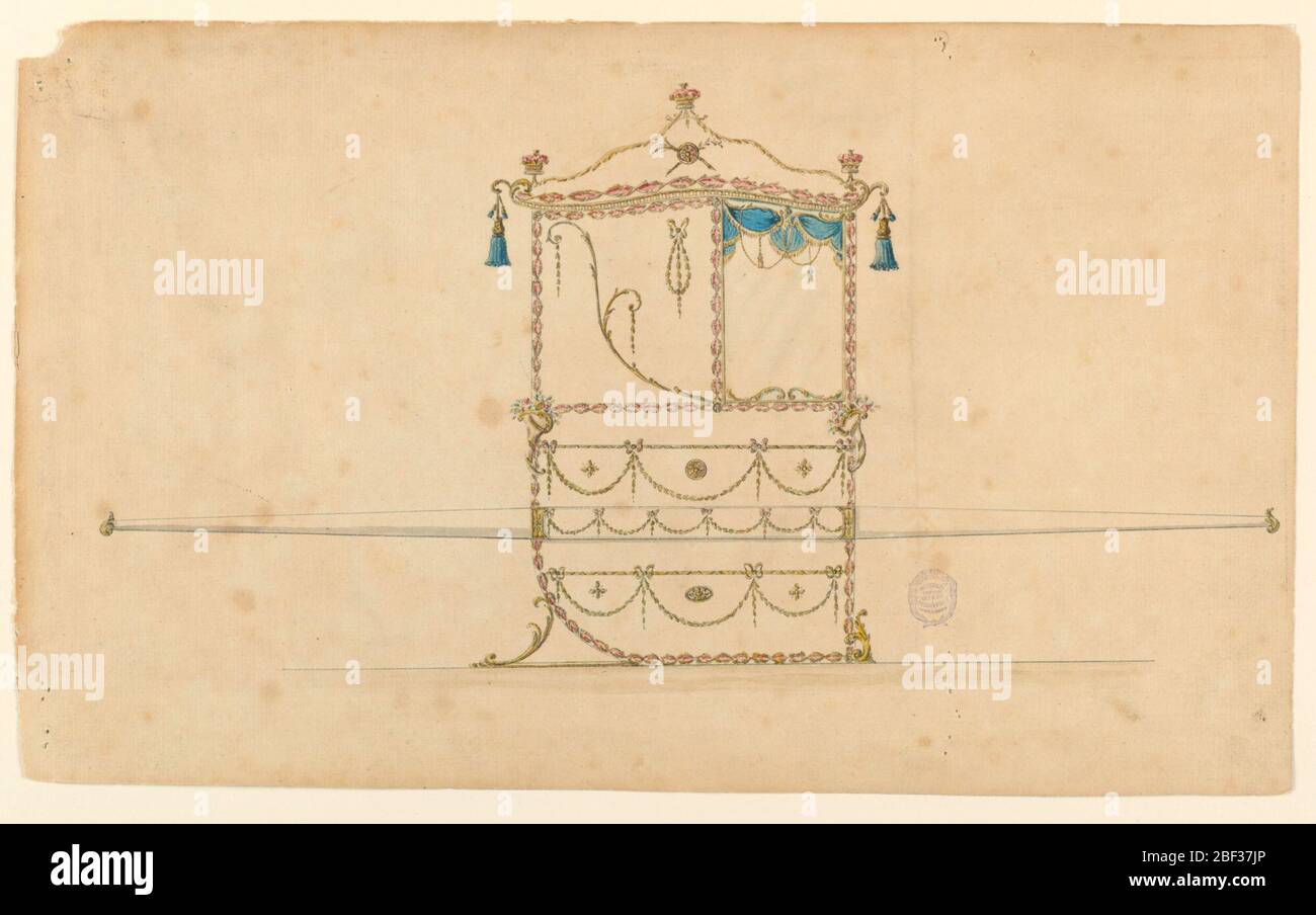 Design per una sedia berlina. Nel profilo girato a destra è mostrata una finestra con una tenda. Nel pannello accanto alle mani un ghirlano da un nodo di prua e si alza obliquamente un rotolo dall'angolo inferiore destro. Foto Stock