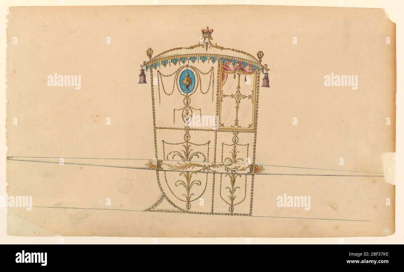 Design per una sedia berlina. Mostrato nel profilo, rivolto verso destra, con una barra. Sulla sommità del tetto si trova un angolo di un barone, sostenuto da rollette, alle estremità dei ghirlande che delimita i bordi del tetto a partire dagli angoli. Foto Stock