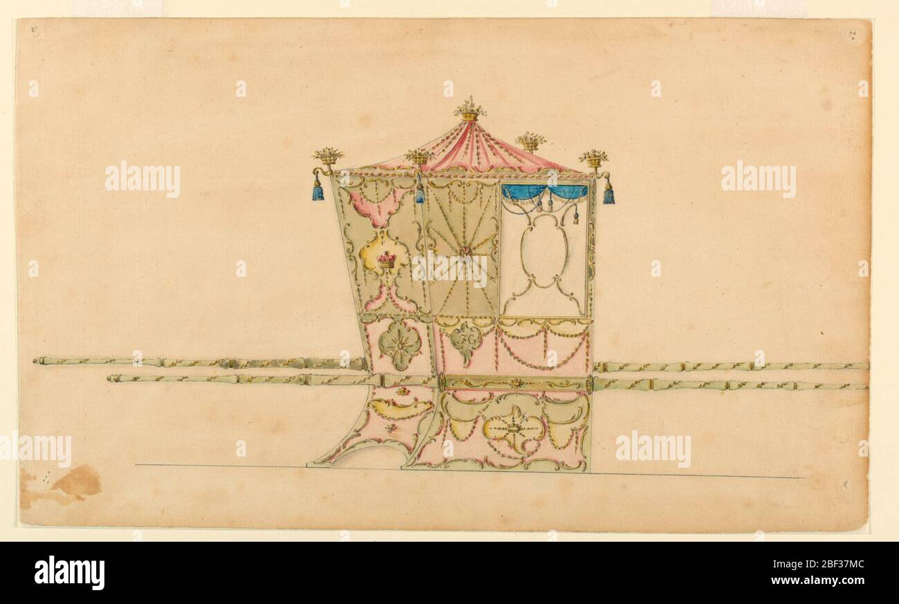 Design per una sedia berlina. Mostrato dall'angolo posteriore destro con due barre. Il tetto è a forma di tenda. Sulla parte superiore e sugli angoli sono montati cestelli. La finestra è divisa in cinque parti da una rotazione. Foto Stock