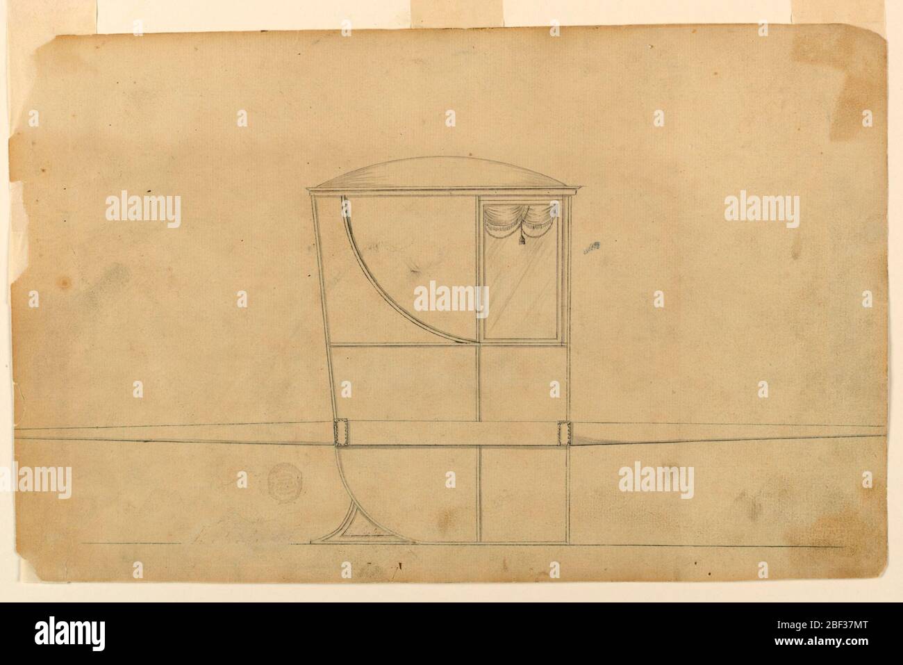 Design per una sedia berlina. Mostrato in profilo rivolto verso destra, senza ornamenti. Il pannello accanto alla finestra è suddiviso da una striscia curva che si eleva in modo simile alla spirale in 1900-1-11. Strisce simili incorniciano i pannelli. Foto Stock
