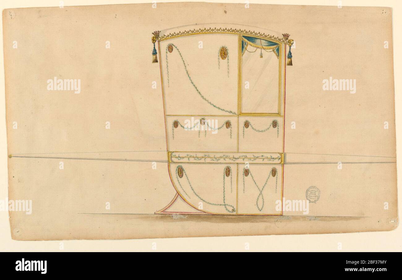 Design per una sedia berlina. Mostrato nel profilo rivolto verso destra. Decorato in modo simile al 1900-1-2. Il pannello sopra la finestra è decorato sopra con un piccolo disco sul quale giace una ghirlanda che si erge dall'angolo inferiore destro e una più grande su cui giace una ghirlanda. Foto Stock