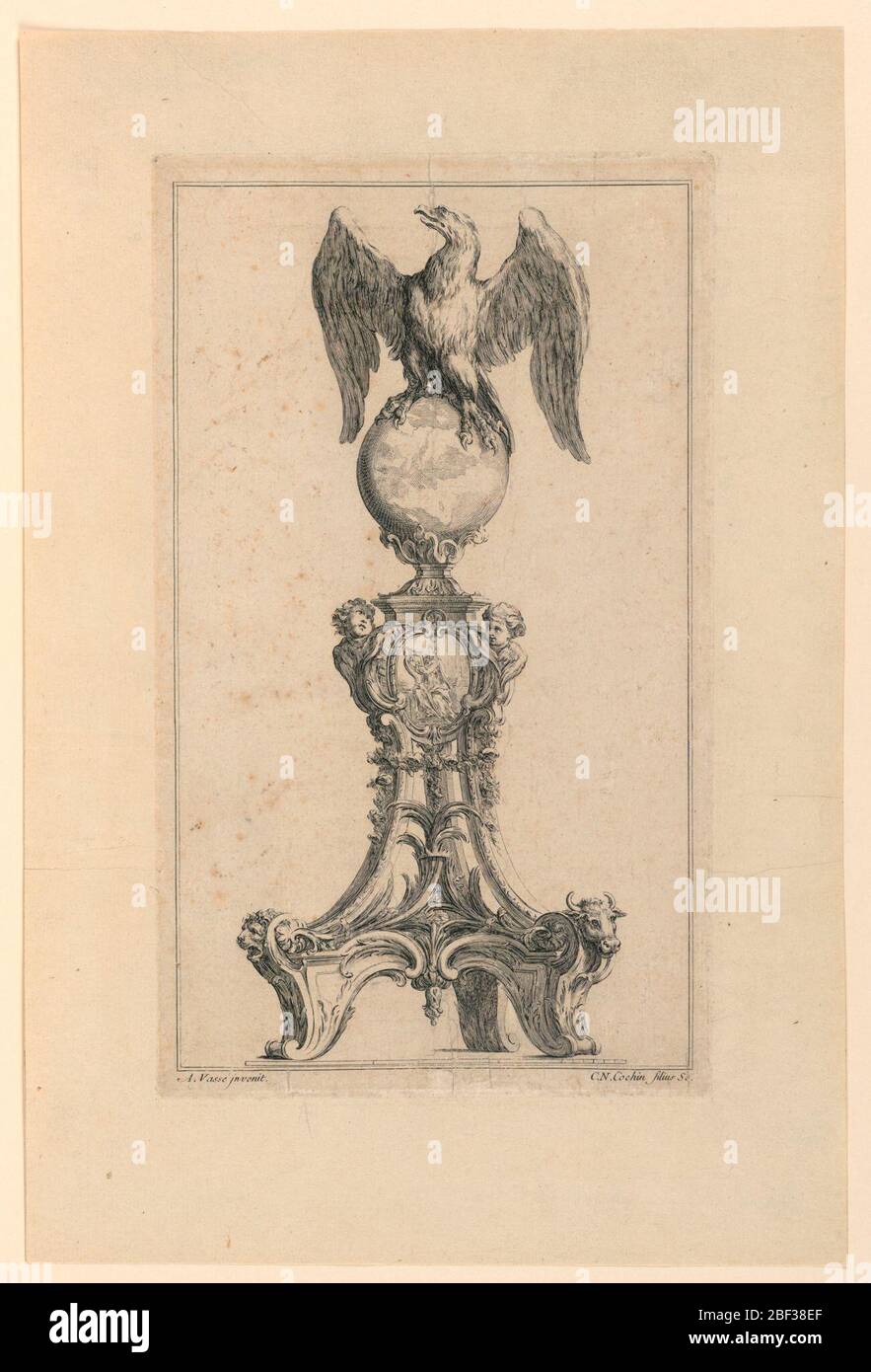 Design per un leggio. L'aquila di San Giovanni si erge su un globo in cima. Su verso: Conti, inchiostro sbiadito. Foto Stock