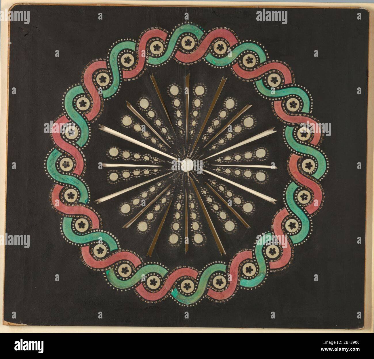 Nastro a serpentina. Slide lanterna magica, giocattolo ottico. Sul campo nero, disco bianco al centro dal quale si irradiano raggi alternati lunghi e corti, tra i quali si trovano catene di ellissi bianchi che crescono più grandi verso la circonferenza del disegno. Foto Stock