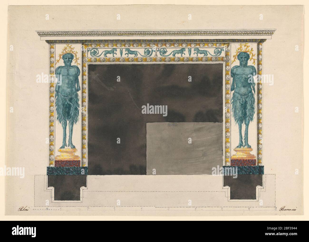 Design per un pezzo di Chimneypiece. Rettangolo orizzontale. Disegno per un camino destinato ad essere eseguito in marmo e bronzo. Satiri senza braccia sono in piedi sulle basi di fronte ai pilastri laterali del camino. Il fregio del camino è decorato con leoni con rinceaux come code. Foto Stock