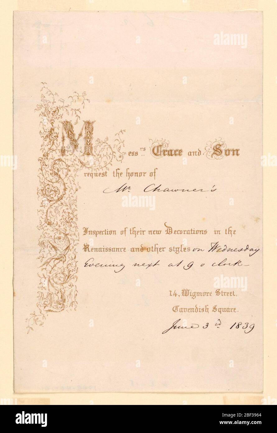 Invito ad un'apertura a 14 Wigmore Street 1839. Margine sinistro, vorticoso motivo floreale verticale. Foto Stock