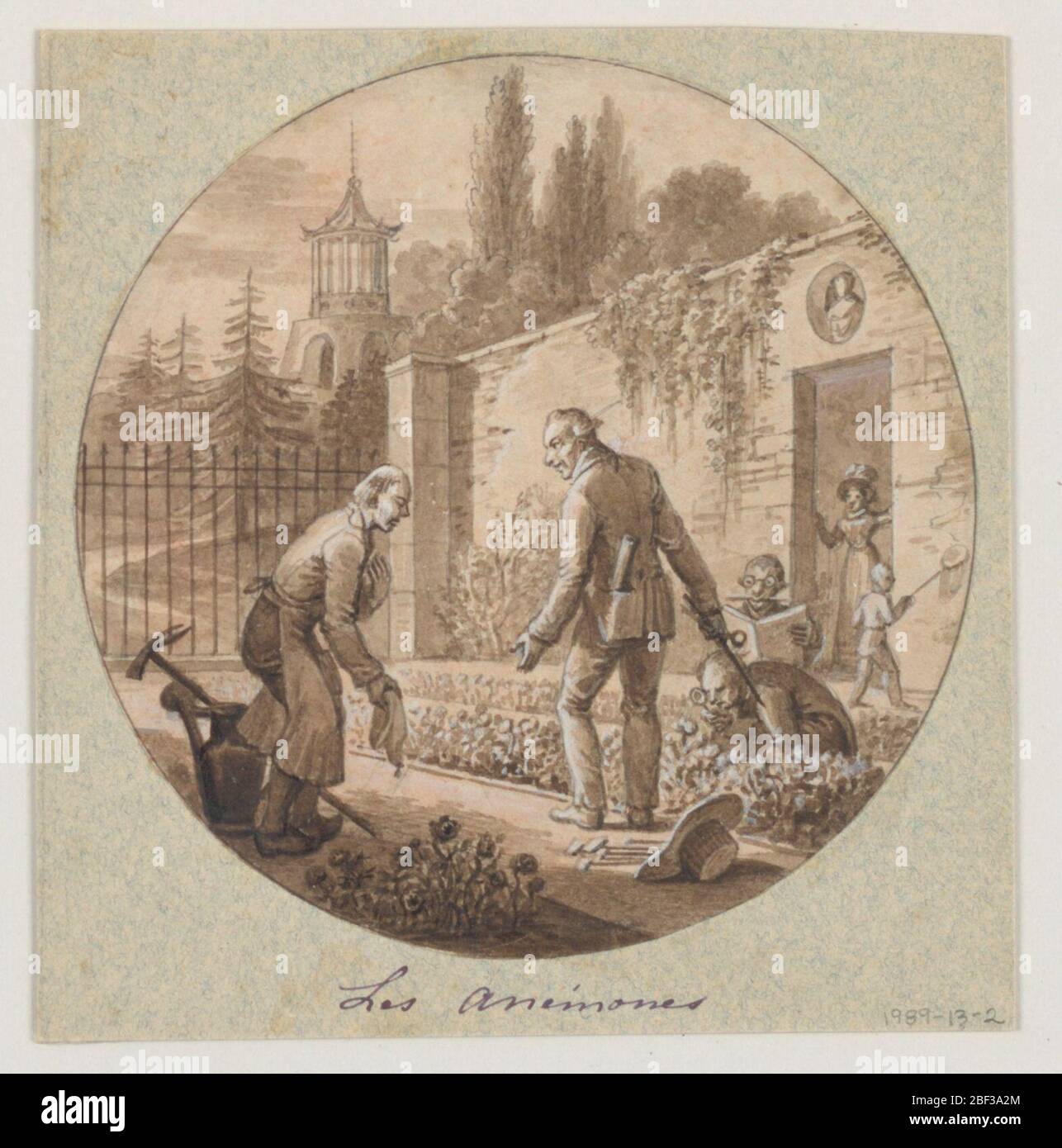 Progettazione di una lastra di porcellana dipinta Anmones anemoni per il Servizio di coltivazione dei fiori Service de la Culture des Fleurs. Disegno per una lastra in porcellana verniciata, rondel. Giardino con pagoda chinoiserie sullo sfondo sinistro. Giardiniere maschile e figura di un Signore stand e prua davanti a vicenda nel mezzo di letti anemone. Foto Stock