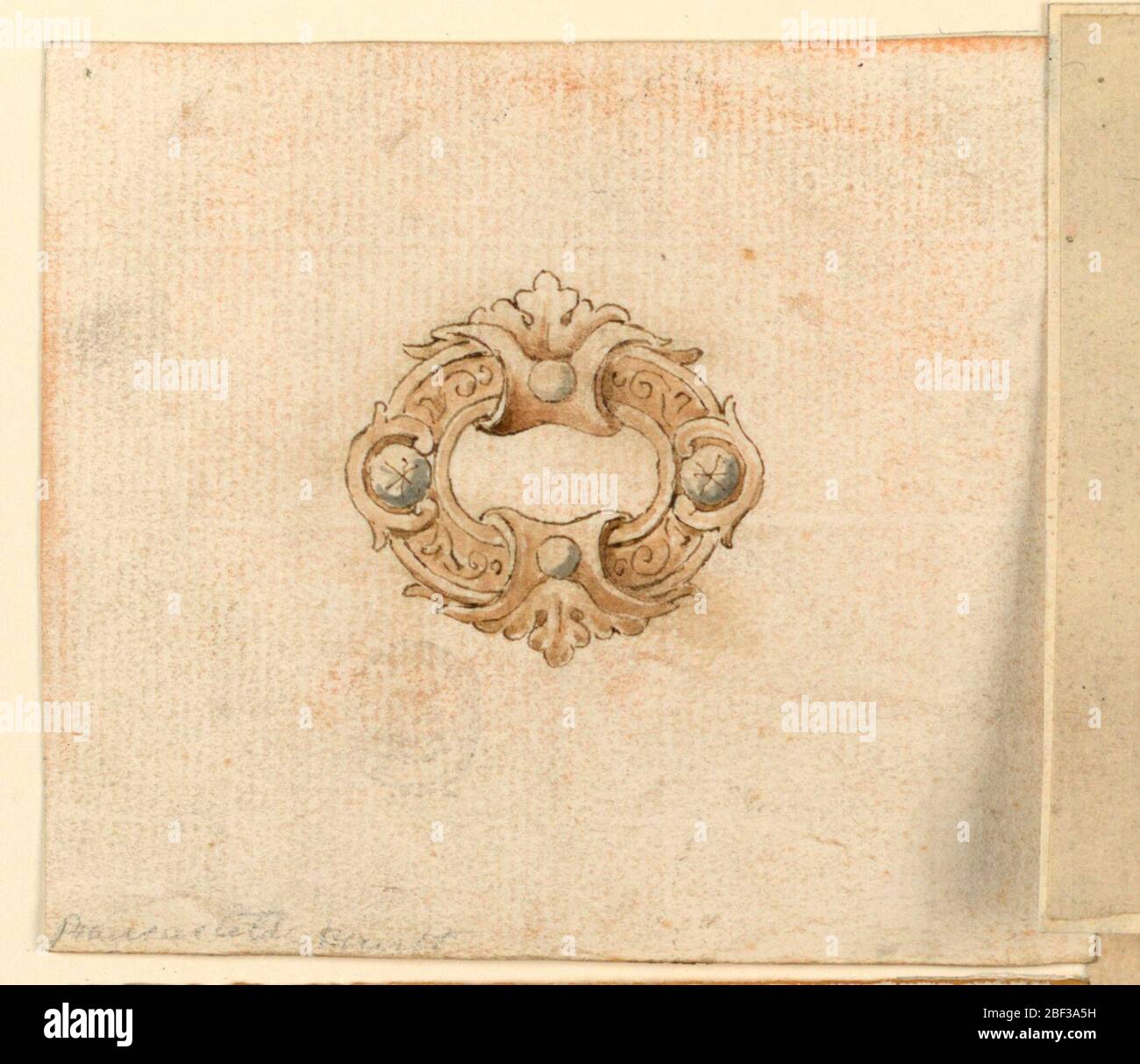 Disegno per spilla con diamanti e perle. In esuttana ovale con due perle e quattro brillantanti su una cornice. Spazio al centro. Foto Stock