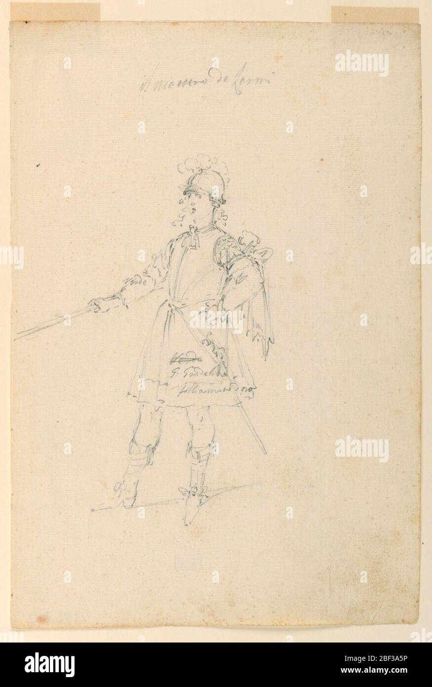 Costume Design il Maestro di armi per un balletto. Rettangolo verticale. Un giovane è mostrato in tre quarti di profilo, rivolto verso sinistra. Porta un bar nella sua mano destra. La mano sinistra poggia sul filo della spada. Indossa un casco con una piuma. Foto Stock