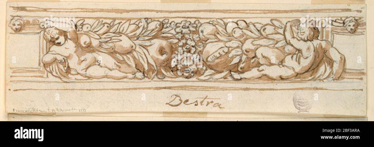 Progetto per un Frieze dipinto. Fregio con putti, frutta e fiori. Foto Stock